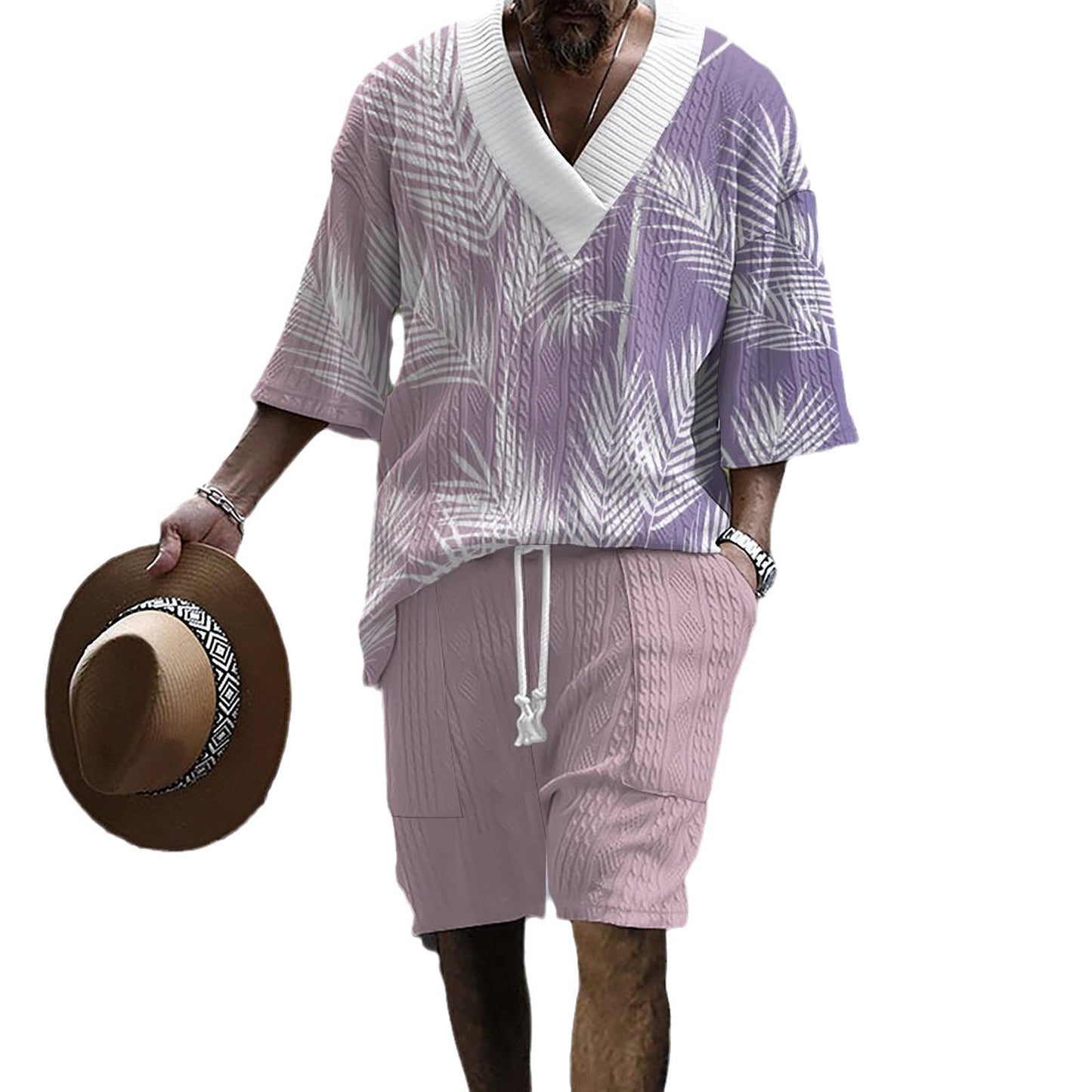 Printed Drop-shoulder Men's Knitted Short-sleeved Shorts Suit