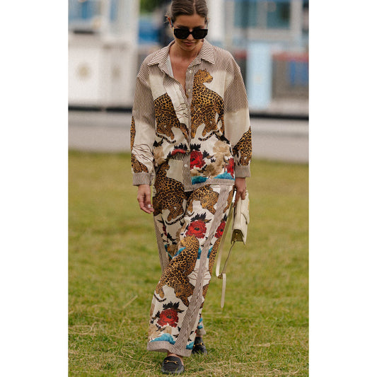 Long Sleeve Casual Vacation Two-Piece Set INS Loose Printed Pocket Practical Suit