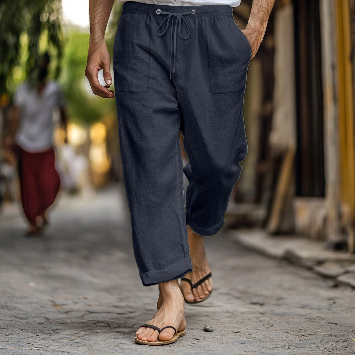 Men's Casual Summer Elastic Waist Drawstring Multi-pocket Cotton And Linen Trousers