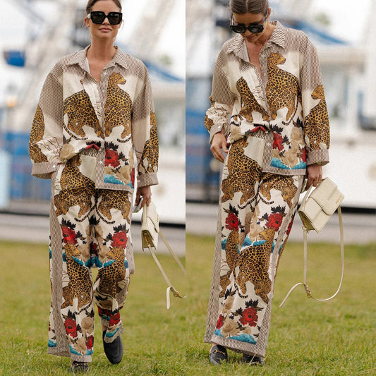 Long Sleeve Casual Vacation Two-Piece Set INS Loose Printed Pocket Practical Suit