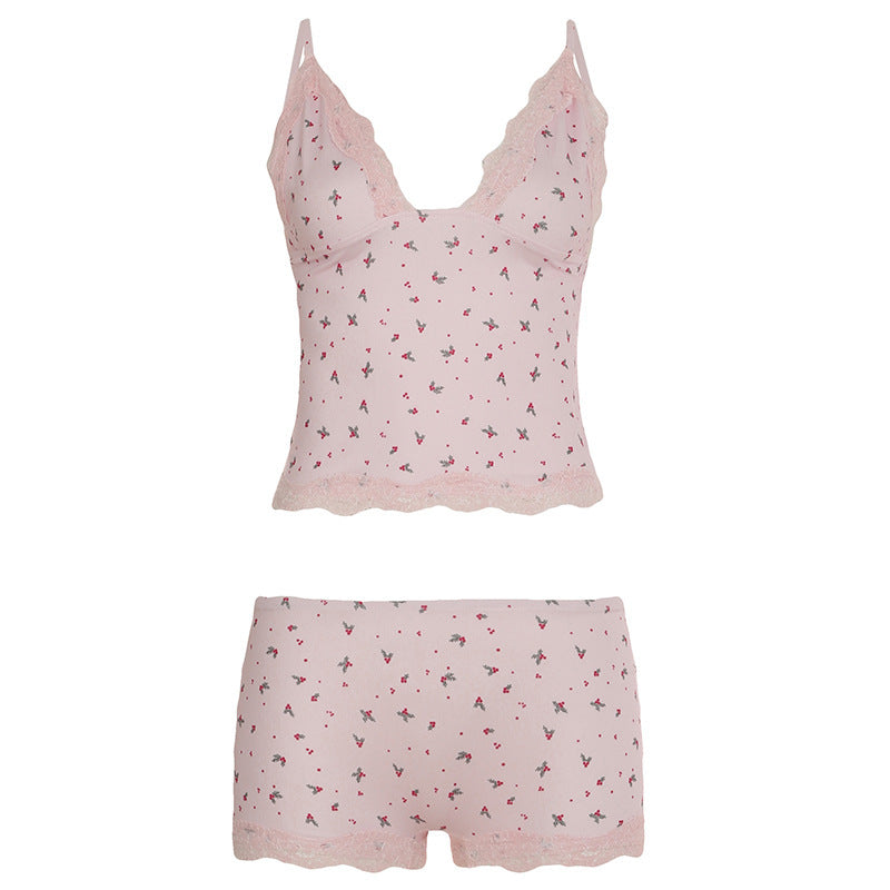 Casual floral lace sexy camisole top shorts pajamas two-piece set