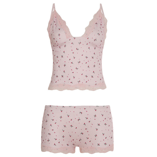 Casual floral lace sexy camisole top shorts pajamas two-piece set