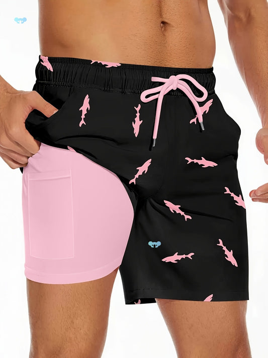 Men's Shark Figure Beach Shorts With Drawstring