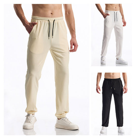 Silky Rib Fabric Casual Pants Baggy Straight Trousers