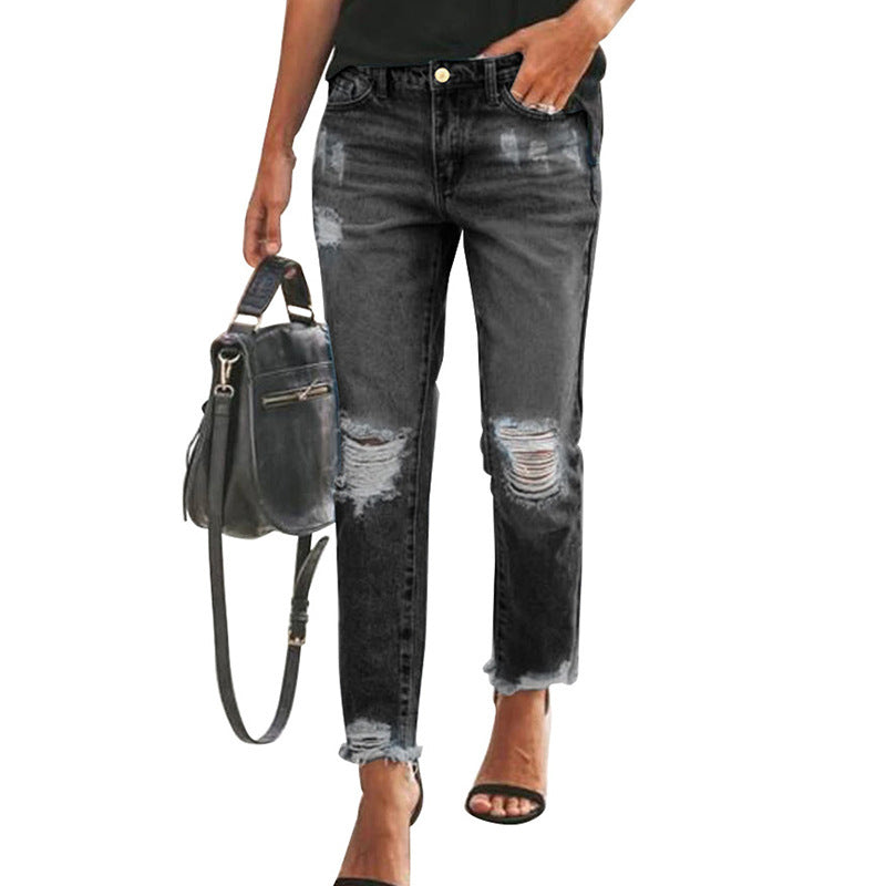 Fashion Sexy Ripped Raw Edge High Waist Ladies Cropped Jeans