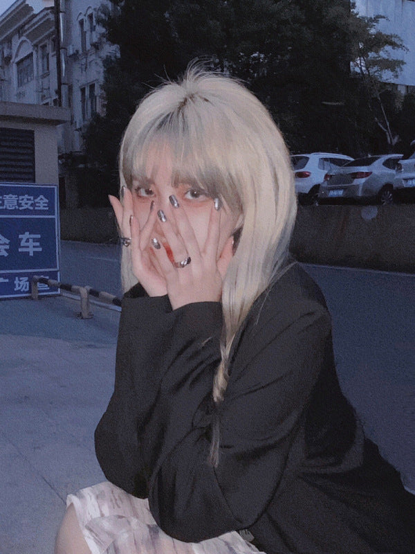 Linen Gold Haze Blue Wig Gradient Color Long Hair Headgear