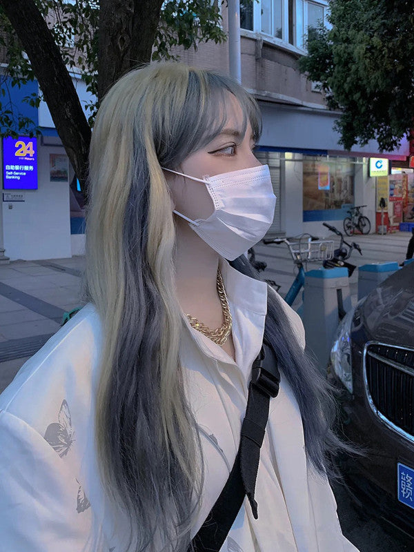 Linen Gold Haze Blue Wig Gradient Color Long Hair Headgear