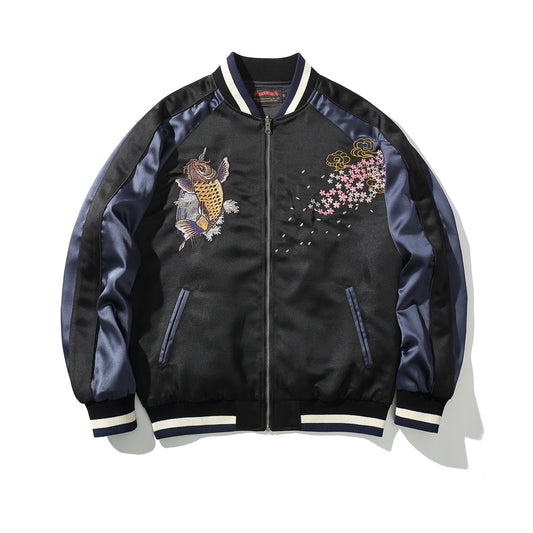 Machine Embroidery Men's Koi Embroidered Cotton Coat Jacket