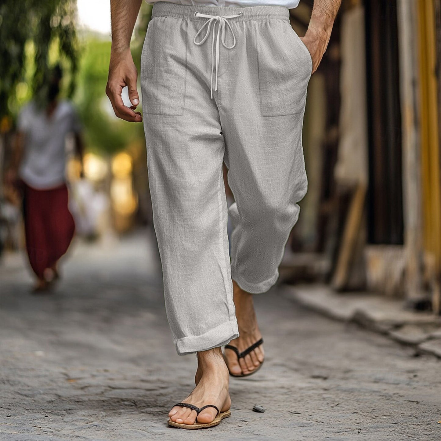 Men's Casual Summer Elastic Waist Drawstring Multi-pocket Cotton And Linen Trousers