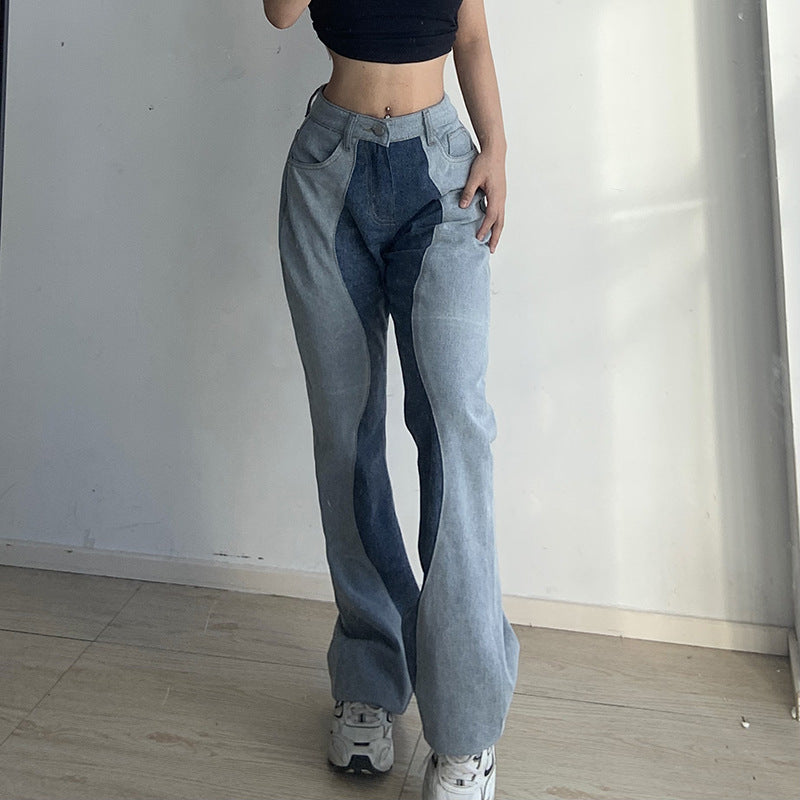 American Color Blocking Leg Length Straight Casual Jeans