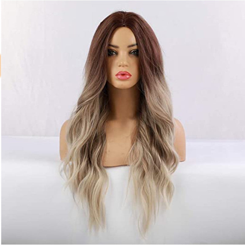 Women's Brown Gradation Golden Mid-length Curly Hair Wig Headgear