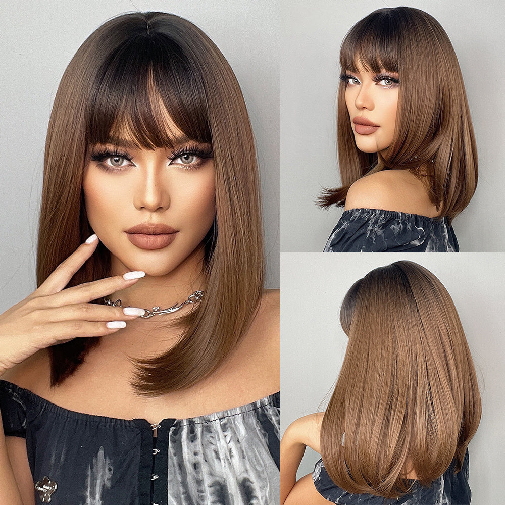18inch Full Bangs With Black Gradient Brown Long Straight Hair On Top