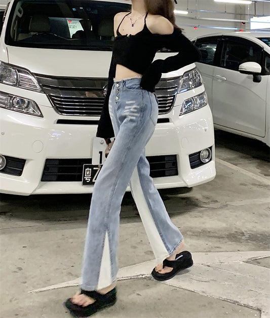 Design Contrast Color Jeans High Waist Show Long Legs