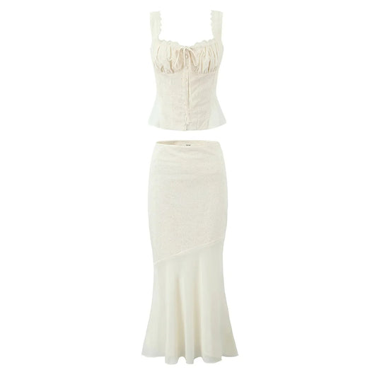 Lace ruffle edge camisole vest+high waisted embroidered spliced fish tail long skirt two-piece set