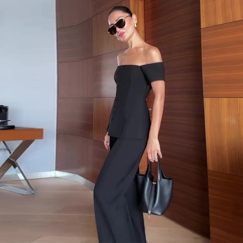 Elegant Commuting One-Shoulder Black Slimming Suit for Women
