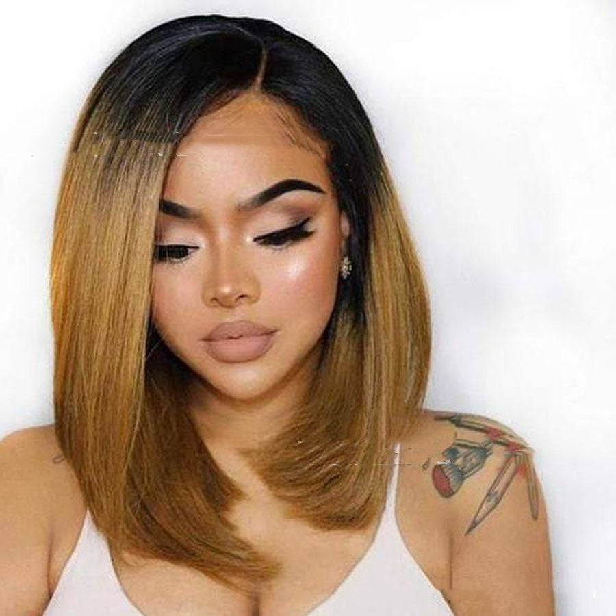 Side Parted Blonde Overhead Dyed Black Short Straight Hair Rose Mesh