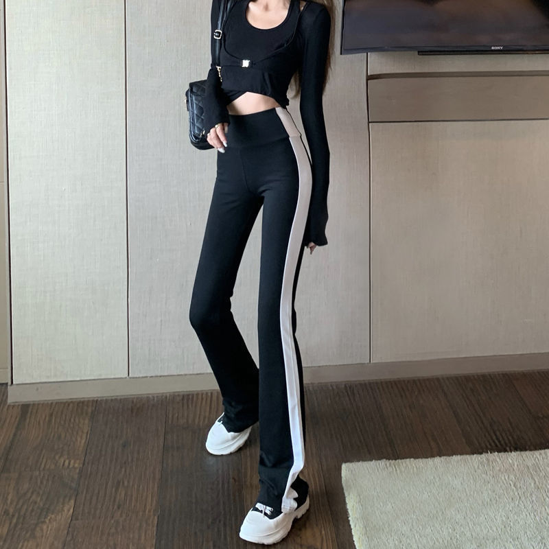 Spring Micro-lab High Waist Skinny Straight Stripes Collision Color Casual Pants Female