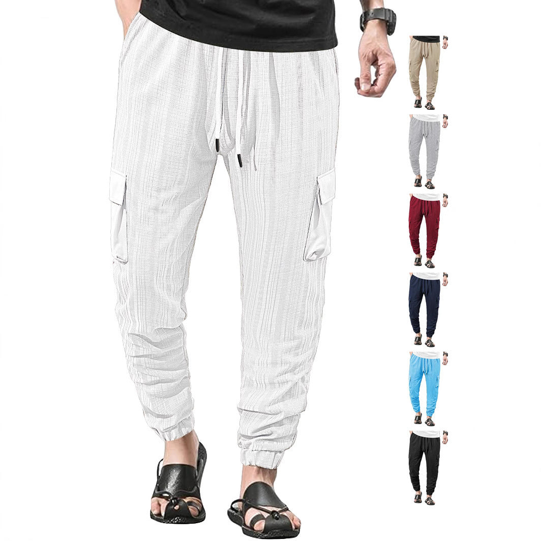 Loose Breathable Micro Elastic Lace-up Imitation Linen Plaid Men's Casual Pants Overalls