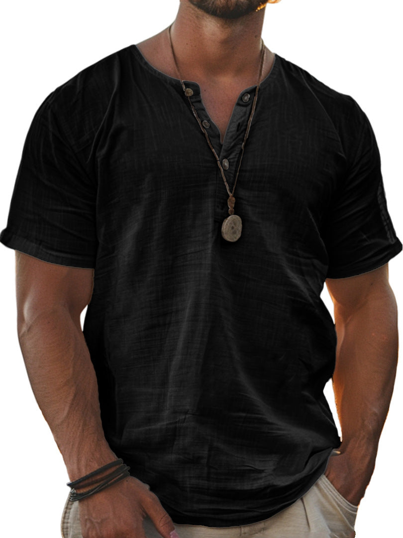 Men's Fashion Wear Men's Stand Collar Half Cardigan 4 Button Short Sleeve Shirt