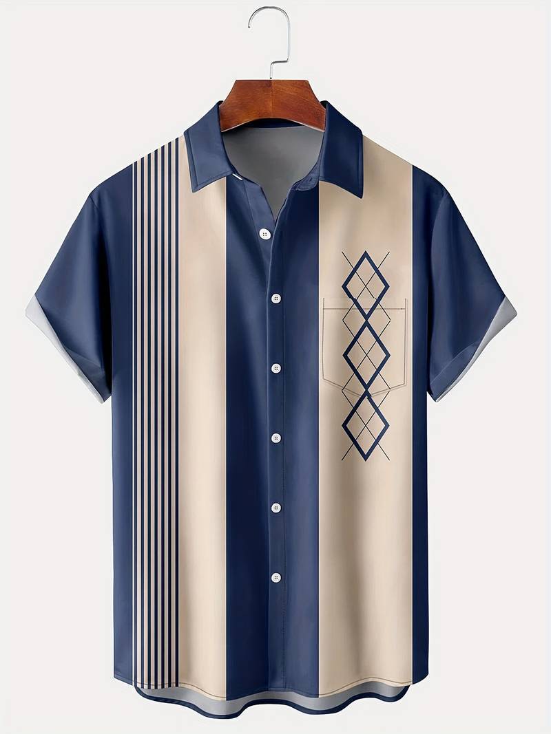 Men's Contrast Color Loose Short-sleeved Shirt Lapel