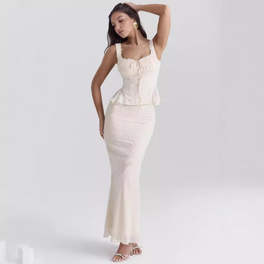 Lace ruffle edge camisole vest+high waisted embroidered spliced fish tail long skirt two-piece set