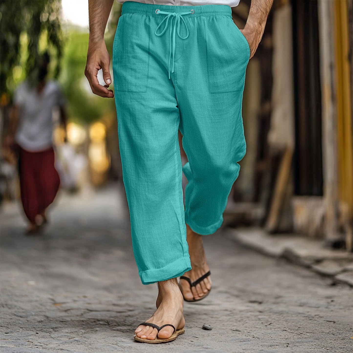 Men's Casual Summer Elastic Waist Drawstring Multi-pocket Cotton And Linen Trousers