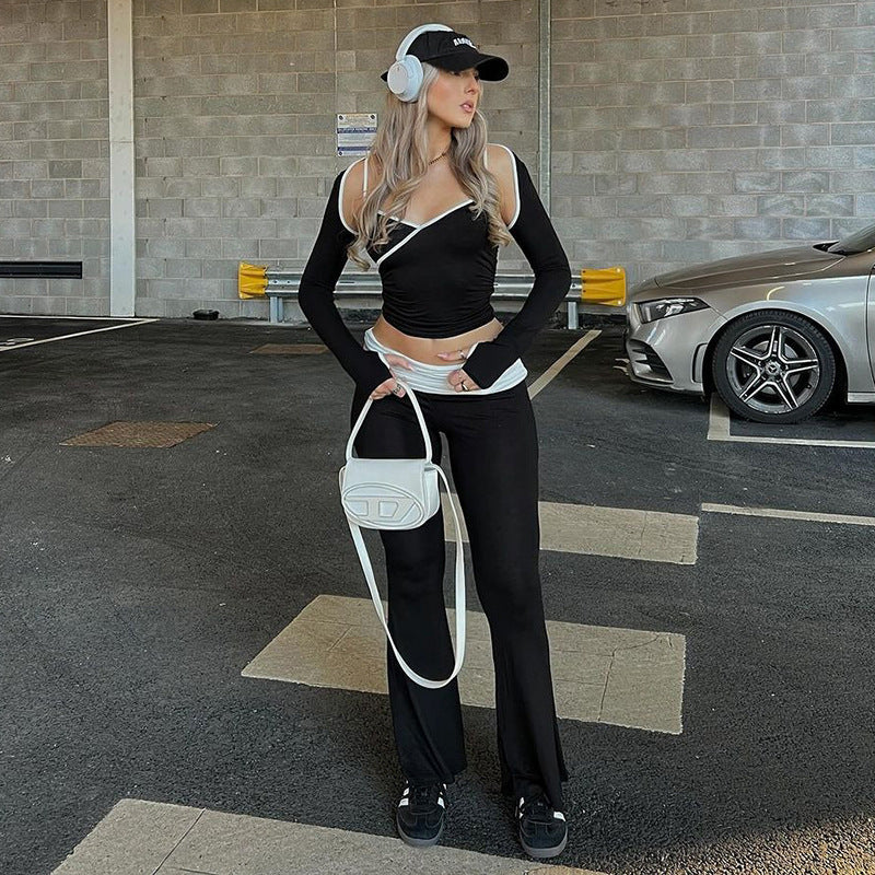 Color Matching Waist Casual Bootcut Trousers Women