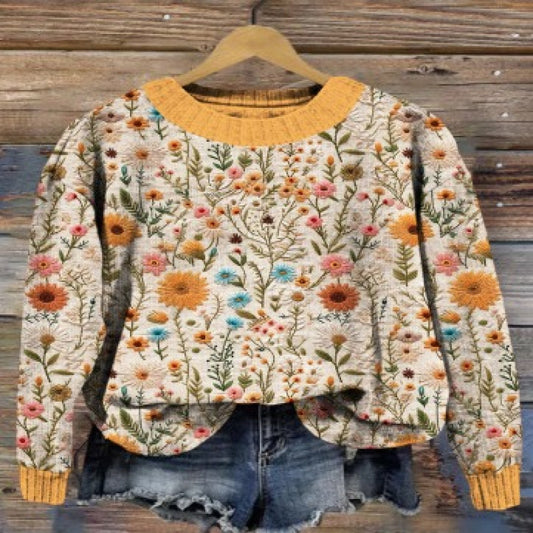 Little Flower Digital Printed Round Neck Sweater