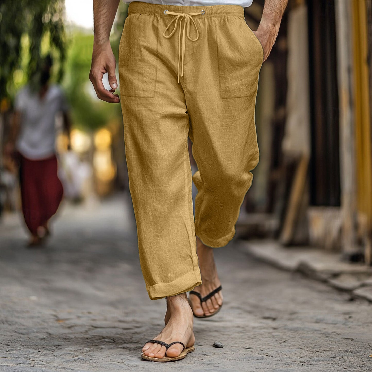 Men's Casual Summer Elastic Waist Drawstring Multi-pocket Cotton And Linen Trousers