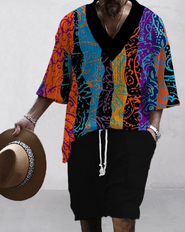 Men's Casual Jacquard Loose-fitting Short-sleeved Shorts Two-piece Set
