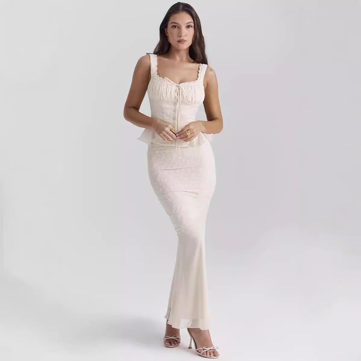 Lace ruffle edge camisole vest+high waisted embroidered spliced fish tail long skirt two-piece set