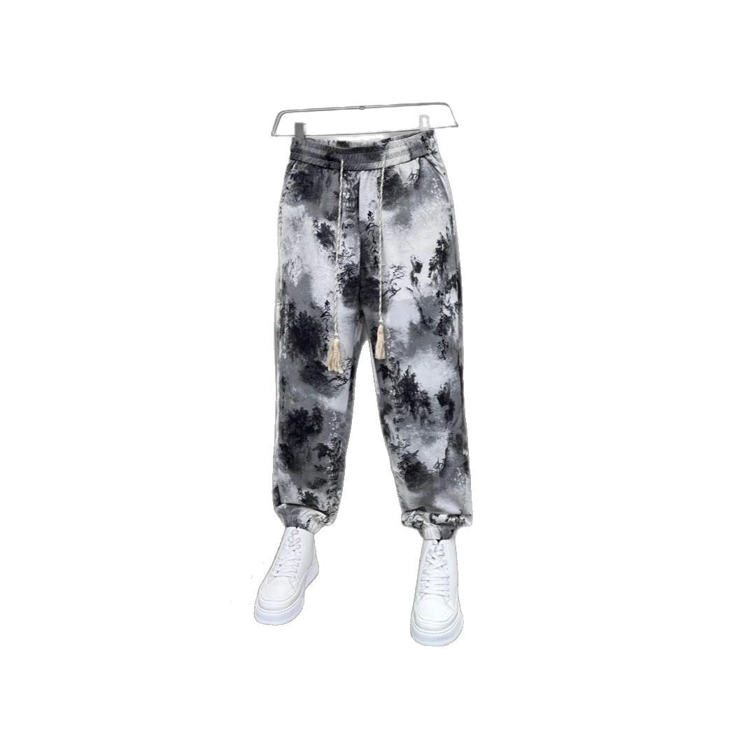 Light And Thin Ice Silk Casual Pants National Style Ink Painting Printed Ankle-tied