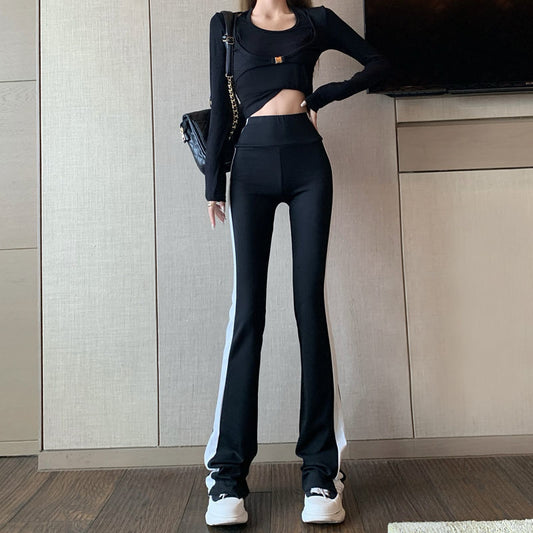 Spring Micro-lab High Waist Skinny Straight Stripes Collision Color Casual Pants Female
