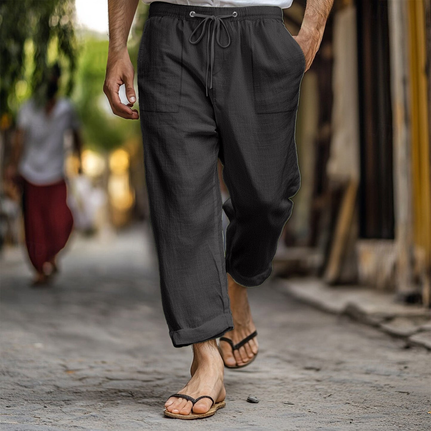 Men's Casual Summer Elastic Waist Drawstring Multi-pocket Cotton And Linen Trousers
