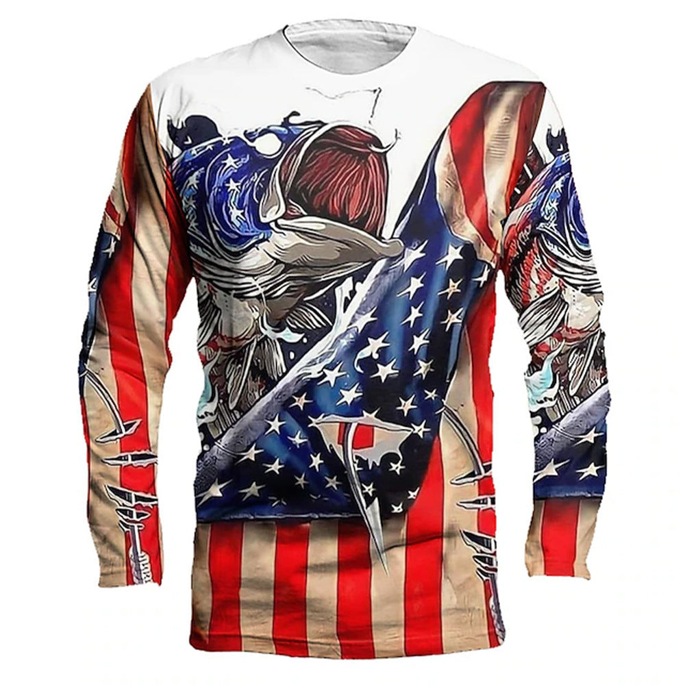 Men's Round Neck Pullover Fish Printed Long-sleeved Top