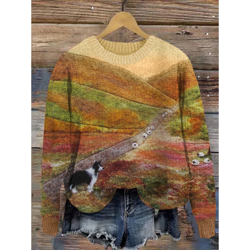 Little Flower Digital Printed Round Neck Sweater