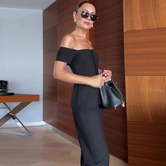 Elegant Commuting One-Shoulder Black Slimming Suit for Women