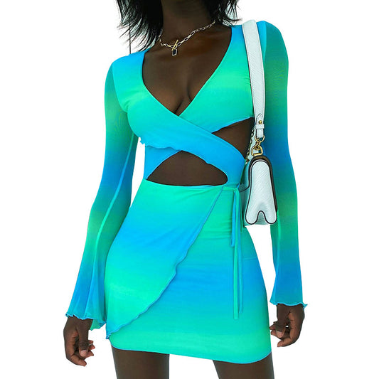 Blue splicing temperament commuting long sleeved lace up dress set