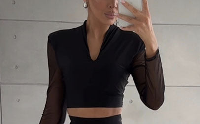 Elastic Mesh Splicing Long Sleeve Set + INS Resort Skirt Two-Piece Set