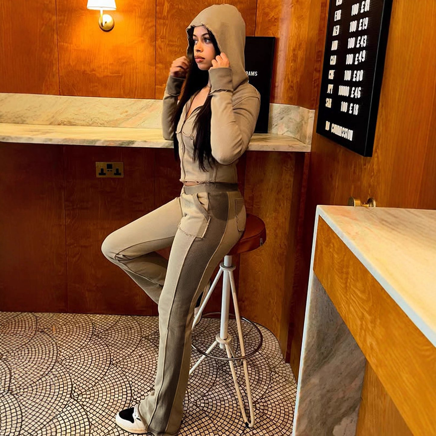 Sporty Style Autumn Casual Hoodie Set Color Block Frayed Hem Hooded Jacket Low Waist Flared Pants Streetwear Women's Outfit