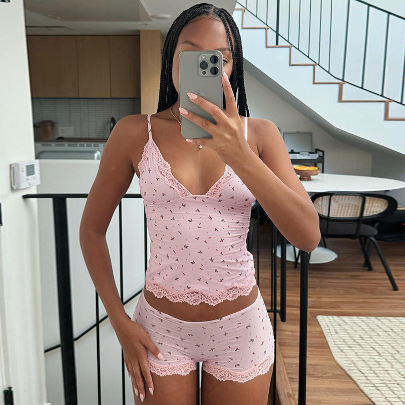 Casual floral lace sexy camisole top shorts pajamas two-piece set