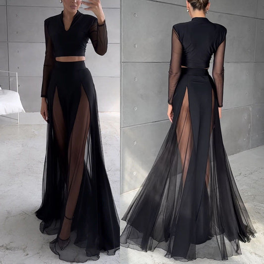 Elastic Mesh Splicing Long Sleeve Set + INS Resort Skirt Two-Piece Set