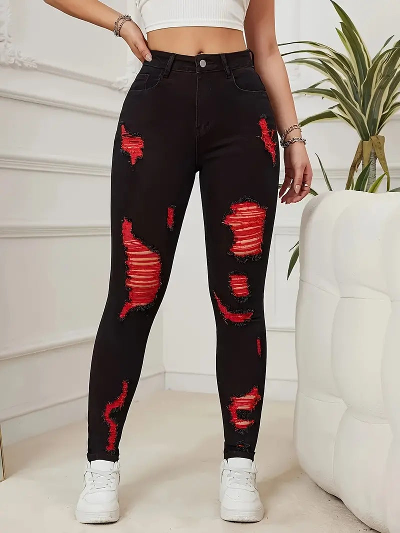 Denim Trousers High Waist Ripped Contrast Color