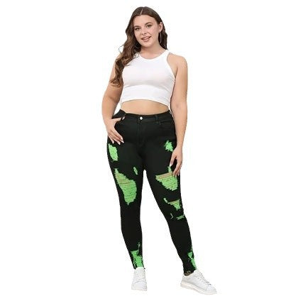 Denim Trousers High Waist Ripped Contrast Color