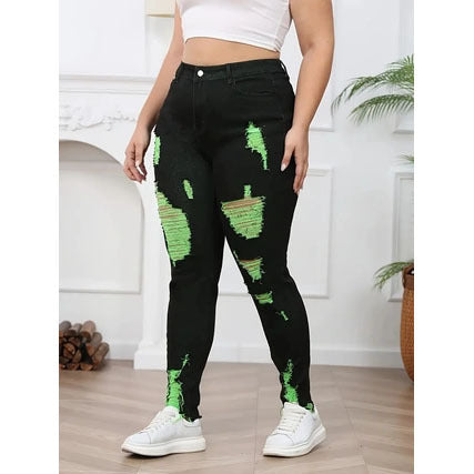 Denim Trousers High Waist Ripped Contrast Color