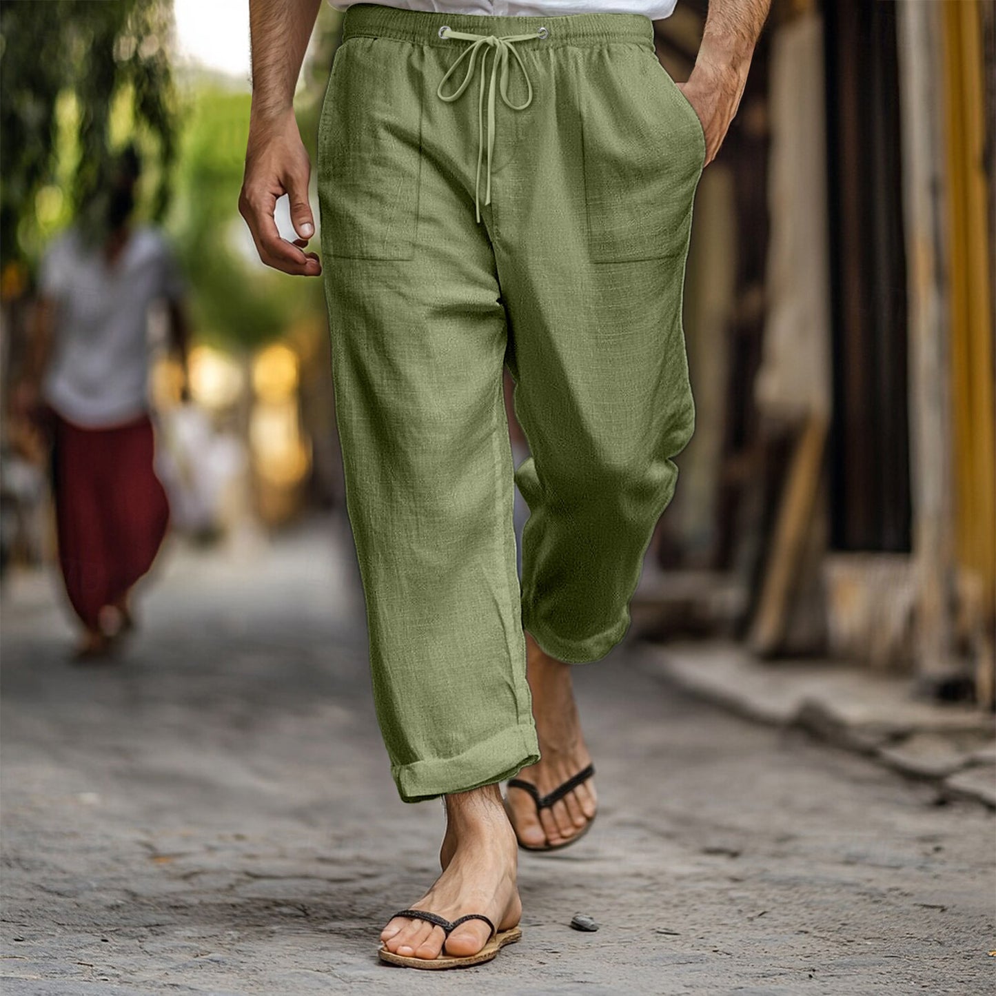 Men's Casual Summer Elastic Waist Drawstring Multi-pocket Cotton And Linen Trousers
