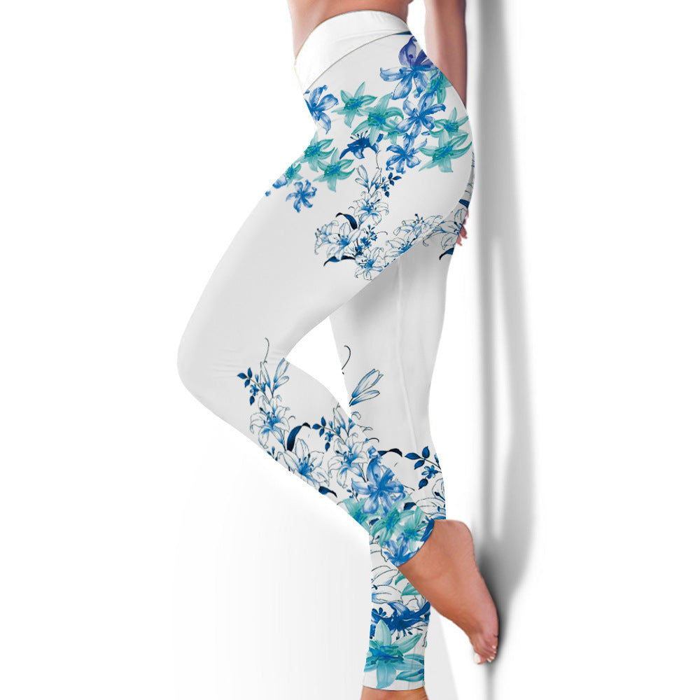 Women's Blue Flower Printed Hip Lifting Tight Pants