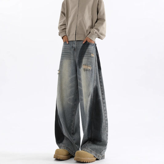 Men's American-style Splash-ink Ripped Machete Jeans