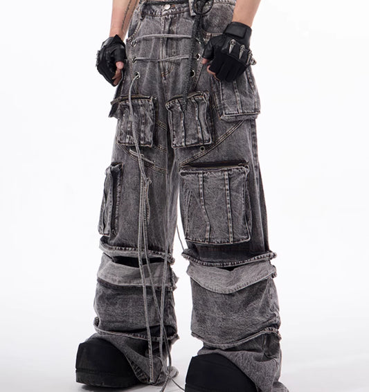 American-style Distressed Overalls Rope Stitching Mop Pants