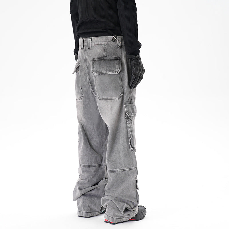 Distressed Multi-pocket Casual Loose Straight-leg Denim Overalls